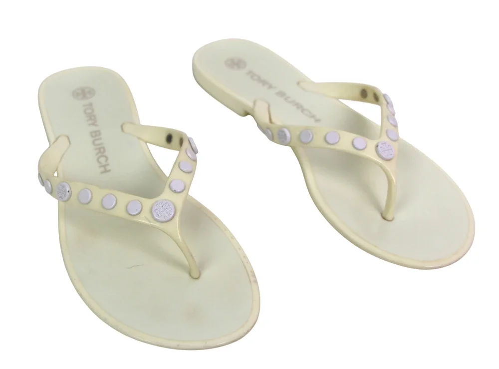 Tory Burch OF WHITE PVC FLAT BEACH SHOES FLIP FLOPS TONG SANDALS Sz 8